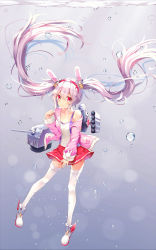 Rule 34 | 1girl, air bubble, animal ears, azur lane, blush, bubble, collarbone, fake animal ears, flat chest, full body, fur-trimmed jacket, fur trim, hair between eyes, hairband, highres, jacket, laffey (azur lane), long hair, long sleeves, machinery, miniskirt, off shoulder, open clothes, open jacket, parted lips, pink eyes, pink hairband, pink jacket, pink skirt, pleated skirt, purple hair, rabbit ears, single bare shoulder, skirt, solo, submerged, tareme, thighhighs, torpedo tubes, turret, twintails, underwater, very long hair, white footwear, white thighhighs, zettai ryouiki, zhao (pixiv12947327)