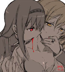 Rule 34 | 10s, 2012, 2girls, akemi homura, alternate eye color, biting, blood, bra, breasts, cleavage, dated, female focus, finger in another&#039;s mouth, holding hands, hug, hug from behind, jewelry, kamekoya sato, lowres, mahou shoujo madoka magica, mahou shoujo madoka magica (anime), medium breasts, monochrome, multiple girls, neck, neck biting, open clothes, open shirt, red eyes, ring, shirt, spot color, tomoe mami, underwear, yellow eyes, yuri