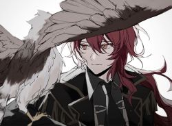 Rule 34 | 1boy, animal on arm, bird, bird on arm, black jacket, black neckwear, closed mouth, diluc (genshin impact), falcon, genshin impact, hair between eyes, jacket, long hair, long sleeves, male focus, mihnd182, necktie, ponytail, red eyes, red hair, simple background, spread wings, upper body