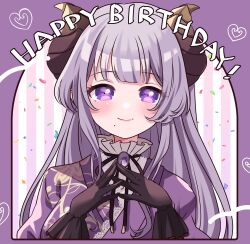 Rule 34 | 1girl, absurdres, black gloves, black ribbon, blunt bangs, blush, brown horns, closed mouth, commentary request, confetti, demon girl, demon horns, frilled gloves, frills, gloves, happy birthday, highres, horns, japanese clothes, kimono, kino haruc, long hair, looking at viewer, medium bangs, mole, mole under mouth, nanashi inc., neck ribbon, purple background, purple brooch, purple hair, purple kimono, ribbon, saionji mary, smile, solo, striped, striped background, upper body, virtual youtuber
