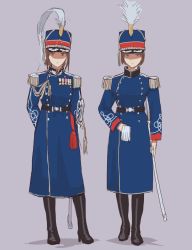 Rule 34 | 2girls, belt, black footwear, blue coat, boots, brown hair, coat, commentary request, contrapposto, epaulettes, genso, grey background, hat, long sleeves, looking at viewer, medal, military, military uniform, multiple girls, original, peaked cap, scabbard, shako cap, sheath, simple background, standing, sword, uniform, weapon