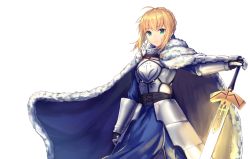 Rule 34 | 1girl, a.t. zero, ahoge, arm at side, armor, armored dress, artoria pendragon (all), artoria pendragon (fate), bad id, bad twitter id, blonde hair, blue cloak, blue dress, braid, breastplate, cloak, dress, excalibur (fate/stay night), fate/stay night, fate (series), faulds, french braid, fur-trimmed cloak, fur trim, gauntlets, glowing, glowing sword, glowing weapon, green eyes, hand on hilt, highres, light smile, long sleeves, looking at viewer, outstretched arm, parted lips, planted, planted sword, planted weapon, saber (fate), short hair, sidelocks, signature, simple background, solo, standing, sword, weapon, white background, wind
