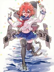 Rule 34 | ;d, anchor, anniversary, artist name, black thighhighs, brown eyes, brown hair, commentary, dated, fang, hair ornament, hairclip, ikazuchi (kancolle), kantai collection, loafers, machinery, midriff, navel, neckerchief, one eye closed, open mouth, red neckerchief, school uniform, serafuku, shoes, short hair, skin fang, smile, smokestack, solo, thighhighs, torpedo, unagiman