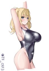 Rule 34 | 1girl, black one-piece swimsuit, blonde hair, blue eyes, blush, breasts, competition swimsuit, covered navel, cowboy shot, gambier bay (kancolle), hair between eyes, highleg, highleg swimsuit, highres, kantai collection, large breasts, long hair, looking at viewer, multicolored clothes, multicolored swimsuit, one-piece swimsuit, smile, solo, stretching, swimsuit, tf cafe, twintails, twitter username, two-tone swimsuit