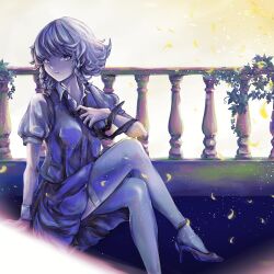 Rule 34 | 1girl, album cover, balcony, black footwear, black necktie, blue eyes, blue vest, braid, check commentary, closed mouth, collared shirt, commentary, commentary request, cover, crossed legs, falling petals, grey hair, hand on own chest, high heels, highres, izayoi sakuya, light frown, looking at viewer, maid, necktie, no headwear, official art, petals, plant, puffy short sleeves, puffy sleeves, ranko no ane, shirt, short hair, short sleeves, single wrist cuff, sitting, thighhighs, touhou, touhou cannonball, twin braids, vest, vines, white shirt, white thighhighs, white wrist cuffs, wrist cuffs