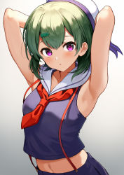 Rule 34 | 1girl, :o, armpits, arms behind head, arms up, bare arms, bare shoulders, beret, black shirt, copyright request, crop top, crop top overhang, gradient background, green hair, hair ornament, hairclip, hat, highres, indie virtual youtuber, looking at viewer, midriff, navel, neckerchief, nishizawa, parted lips, purple eyes, sailor collar, school uniform, serafuku, shirt, short hair, sleeveless, sleeveless shirt, solo, suspenders, upper body, virtual youtuber, white hat