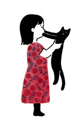 Rule 34 | . ., 1girl, animal, artist name, black cat, black footwear, black hair, blunt bangs, cat, covered mouth, dress, floral print, from side, full body, hair behind ear, hands up, hirasawa minami, holding, holding animal, holding cat, long dress, looking at animal, medium hair, original, pet, print dress, profile, red dress, short sleeves, simple background, standing, white background