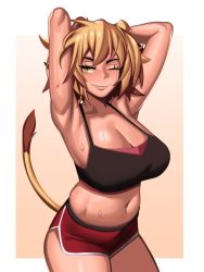 Rule 34 | 1girl, animal ears, blonde hair, blush, borrowed character, breasts, cleavage, closed mouth, crop top, highres, kevbot, large breasts, lion ears, lion girl, lion tail, lips, looking at viewer, one eye closed, original, short hair, smile, solo, tail, yellow eyes