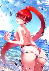 Rule 34 | 1girl, absurdres, ass, ass focus, back, bare arms, bare shoulders, beach, bikini, bikini under clothes, cowboy shot, cup, disposable cup, dolphin shorts, earrings, halterneck, heart, heart earrings, heterochromia, high ponytail, highres, holding, holding cup, hololive, houshou marine, houshou marine (summer), jewelry, long hair, looking at viewer, ocean, red bikini, red eyes, red hair, see-through, shirai (vapura4), short shorts, shorts, solo, string bikini, summer, swimsuit, thick thighs, thigh strap, thighs, virtual youtuber, wet, wet clothes, wet shorts, white shorts, yellow eyes