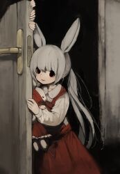 Rule 34 | 1girl, absurdres, animal ears, apron, collared dress, commentary request, dress, grey hair, hand up, highres, long hair, long sleeves, looking at viewer, multiple hands, opening door, original, parted lips, partial commentary, ponytail, rabbit ears, red apron, red eyes, shirokujira, smile, solo, stuffed animal, stuffed rabbit, stuffed toy, very long hair, white dress