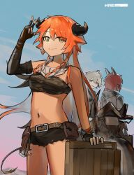 Rule 34 | 1other, 2girls, absurdres, arknights, arm up, asymmetrical gloves, bandeau, bare shoulders, belt, black gloves, black shorts, blue sky, braid, breasts, brown belt, commentary, cowboy shot, croissant (arknights), croissant (seeker) (arknights), day, gloves, green eyes, highres, long hair, looking at viewer, mayer (arknights), medium breasts, midriff, multiple girls, navel, official alternate costume, orange hair, pouch, shenwu, short shorts, shorts, sky, smile, standing, stomach, strapless, thighs, tube top, twin braids, very long hair, w