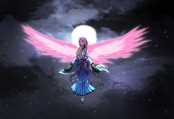 Rule 34 | 1girl, bad id, bad pixiv id, blue kimono, braid, braided ponytail, breasts, closed mouth, floating, full body, japanese clothes, kimono, large breasts, moon, moonlight, nathan stefv, night, night sky, pink eyes, pink hair, pink wings, sky, solo, tate no yuusha no nariagari, therese alexanderite, torn clothes, wings