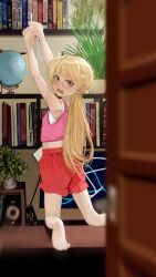 Rule 34 | 1girl, arms up, barefoot, blonde hair, blush, cabinet, casual, caught, commentary request, desk, door, dvd (object), embarrassed, from behind, globe, hair ornament, hairclip, hands up, highres, indoors, long hair, looking at viewer, looking back, open door, original, pink shirt, plant, potted plant, red shorts, russian commentary, servachok, shelf, shirt, shorts, sleeveless, sleeveless shirt, soles, speaker, videocassette, white shirt, zhenya (servachok)