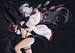 Rule 34 | 1girl, absurdres, animal ear fluff, animal ears, arknights, bare legs, black background, black scarf, black shorts, bow (weapon), breasts, cat ears, cat tail, cleavage, commentary request, crop top, crossbow, grey hair, hair between eyes, highres, holding, holding crossbow, holding weapon, jacket, kagazaki, large breasts, long hair, long sleeves, micro shorts, midriff, navel, open clothes, open jacket, ponytail, scarf, schwarz (arknights), shorts, simple background, solo, stomach, tail, thigh strap, thighs, very long hair, weapon, white jacket, yellow eyes