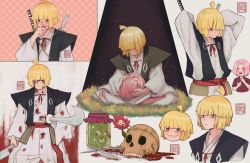 Rule 34 | 1boy, 1girl, ahoge, bleeding from forehead, blonde hair, blood, blood on clothes, blood on face, blush, bowl cut, crying, crying with eyes open, dual wielding, eyeball, facing down, flower, ghost, hair over one eye, highres, hime cut, holding, holding head, holding sword, holding weapon, japanese clothes, jigokuraku, kataginu, knife, looking at another, madishon, mei (jigokuraku), on grass, pink hair, pool of blood, robe, severed head, short hair, sitting, skull, smile, spotlight, sword, tears, weapon, weapon on back, white robe, yamada asaemon fuchi