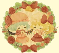 Rule 34 | 2girls, chibi, closed eyes, female focus, flandre scarlet, hat, mob cap, moyu, multiple girls, own hands together, remilia scarlet, siblings, sisters, touhou, wreath, yellow background