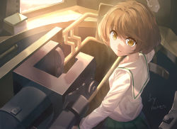 Rule 34 | 1girl, akiyama yukari, artist name, black neckerchief, blouse, brown eyes, brown hair, closed mouth, commentary, girls und panzer, green skirt, haires, light particles, long sleeves, looking at viewer, messy hair, neckerchief, ooarai school uniform, pleated skirt, sailor collar, school uniform, shirt, short hair, signature, skirt, smile, solo, sunlight, tank interior, white sailor collar, white shirt