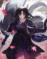 Rule 34 | 1girl, absurdres, animal ear fluff, animal ears, arknights, autumn leaves, bead bracelet, beads, black hair, bracelet, breasts, collarbone, commentary request, dog ears, facial mark, fingerless gloves, floating hair, forehead mark, gloves, grin, hakama, hakama pants, highres, holding, japanese clothes, jewelry, kimono, long hair, long sleeves, looking at viewer, medium breasts, pants, parted bangs, purple gloves, purple hair, purple hakama, purple kimono, red eyes, saga (arknights), smile, solo, standing, subu art, very long hair, wide sleeves