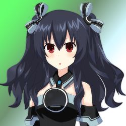 Rule 34 | bare shoulders, black hair, breasts, collar, dress, green background, highres, long hair, mirroa1015, neptune (series), open mouth, red eyes, small breasts, surprised, tsundere, twintails, two side up, uni (neptunia), upper body