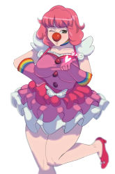 Rule 34 | 1girl, ace attorney, black eyes, breasts, cleavage cutout, clothing cutout, clown girl, clown nose, female focus, geiru toneido, gloves, hand on own hip, heart, high heels, highres, large breasts, lipstick, long hair, looking at viewer, makeup, movement, multicolored clothes, one eye closed, pink hair, skirt, solo, suspender skirt, suspenders