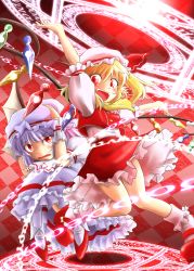 Rule 34 | 2girls, arm up, ascot, bat wings, blonde hair, blush, charisma guard, checkered background, cowering, fang, fangs, female focus, flandre scarlet, hands on own head, hat, hat ribbon, highres, knees together feet apart, light purple hair, magic circle, mary janes, multiple girls, open mouth, outstretched arms, red eyes, remilia scarlet, ribbon, shoes, short hair, siblings, side ponytail, sisters, skirt, skirt set, tamasan, touhou, wings