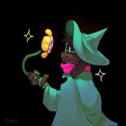 Rule 34 | 1boy, arm behind back, black background, claws, deltarune, flowey (undertale), from side, furry, furry male, glasses, green headwear, green robe, highres, holding, in palm, kukustar (kukuu), looking at another, male focus, pink scarf, ralsei, robe, scarf, signature, solo, sparkle, upper body