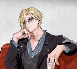 Rule 34 | 1boy, black suit, blonde hair, blue eyes, buttons, closed mouth, collarbone, collared shirt, couch, cup, eiyuu densetsu, formal, grey background, hajimari no kiseki, highres, holding, holding cup, kaoru0m0, male focus, on couch, rufus albarea, sen no kiseki, sen no kiseki iii, shirt, short hair, smile, solo, suit, sunglasses
