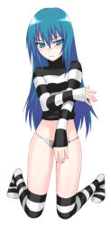 Rule 34 | blue eyes, blue hair, blush, covering crotch, covering privates, kneeling, long hair, musashimaru, panties, shirt, solo, striped clothes, striped shirt, striped thighhighs, thighhighs, underwear