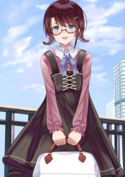 Rule 34 | 1girl, :d, bag, black-framed eyewear, black dress, blue bow, blue sky, blush, bow, braid, brown hair, brown shirt, building, cloud, collared shirt, commentary request, day, dress, glasses, grey eyes, hair ornament, hairclip, highres, holding, holding bag, hololive, long sleeves, looking at viewer, low twintails, natsuki (natukituki), oozora subaru, open mouth, outdoors, puffy long sleeves, puffy sleeves, railing, semi-rimless eyewear, shirt, short twintails, sky, sleeveless, sleeveless dress, sleeves past wrists, smile, solo, twin braids, twintails, under-rim eyewear, virtual youtuber, white shirt