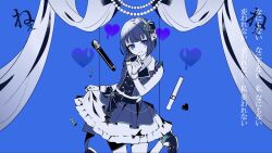 Rule 34 | 1girl, blue background, blue bow, blue eyes, blue hair, blue necktie, blue skirt, bow, curtains, darling dance (vocaloid), flower, frilled skirt, frills, gloves, glowstick, hair flower, hair ornament, heart, highres, idol, kh10hm4, kiritani haruka, limited palette, looking at viewer, microphone, necktie, project sekai, skirt, smile, solo, tears