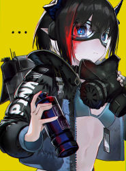 Rule 34 | ..., 1girl, absurdres, black jacket, blue eyes, bra, buckle, cropped jacket, female focus, gas mask, goggles, highres, horns, jacket, karasuro, mask, navel, open clothes, open jacket, original, paint on hair, paint splatter, paint splatter on face, pale skin, pointy ears, simple background, snap-fit buckle, solo, spray paint, underwear, upper body, yellow background