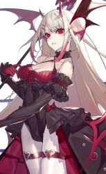 Rule 34 | 1girl, bat wings, black choker, black dress, blonde hair, bow, breasts, character name, choker, collarbone, criss-cross halter, demon horns, detached sleeves, dress, facial mark, frilled choker, frilled dress, frills, gloves, gradient hair, halterneck, heart, heart print, highres, hoe-l, holding, holding staff, horns, long hair, medium breasts, multicolored hair, original, pantyhose, parted lips, red bodice, red bow, red dress, red eyes, red gloves, red hair, sidelocks, simple background, staff, standing, swept bangs, thigh strap, very long hair, white background, white pantyhose, wings