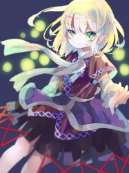 Rule 34 | 1girl, arm warmers, blonde hair, blue background, brown shirt, closed mouth, dark background, dot mouth, dot nose, feet out of frame, green eyes, hiyuu (hiyualice), looking at viewer, medium hair, mizuhashi parsee, purple skirt, scarf, shirt, short sleeves, simple background, skirt, solo, touhou, white arm warmers, white scarf