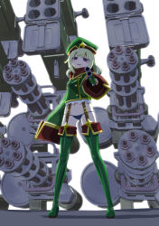 Rule 34 | 1girl, 32zzz, aiming, aiming at viewer, araga kiwi, backlighting, beret, black panties, boots, buttons, commentary, cropped jacket, double-breasted, double bun, english commentary, full body, garter straps, gatling gun, gloves, green footwear, green gloves, green hair, green hat, green jacket, gun, hair bun, half-closed eyes, hat, hat ornament, highres, holding, holding gun, holding weapon, jacket, legs up, leoparde (mahou shoujo ni akogarete), looking at viewer, low twintails, lowleg, lowleg panties, m134 minigun, m202 flash, machine gun, magical girl, mahou shoujo ni akogarete, medium hair, medium machine gun, minigun, mole, mole under eye, multiple-barrel firearm, multishot rocket launcher, open mouth, panties, purple eyes, rocket launcher, rotary machine gun, shadow, simple background, sleeves past fingers, sleeves past wrists, smile, solo, standing, star (symbol), star hat ornament, star ornament, string panties, thigh boots, twintails, underwear, weapon, white background