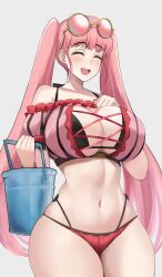 Rule 34 | 1girl, absurdres, bikini, blush, breasts, cleavage, desspie, eyewear on head, fire emblem, fire emblem: three houses, highres, hilda valentine goneril, hilda valentine goneril (summer), large breasts, long hair, nintendo, official alternate costume, open mouth, phone wallpaper, pink bikini, pink hair, smile, solo, sunglasses, swimsuit, thick thighs, thighs, twintails, wallpaper, wide hips