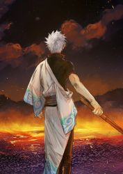 Rule 34 | 1boy, back, bokken, clenched hand, cloud, cloudy sky, gintama, hatching (texture), highres, holding, holding sword, holding weapon, japanese clothes, looking afar, male focus, lava, moon, mountain, sakata gintoki, silhouette, sketch, sky, solo, standing, sword, toned, toned male, twitter username, uraki (tetsu420), weapon, white hair, wooden sword