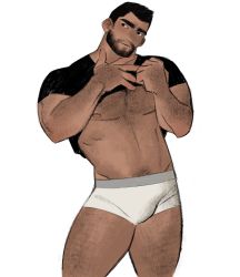 Rule 34 | 1boy, abs, arm hair, bara, bare pectorals, beard, black shirt, blush, boxer briefs, bulge, character request, check character, check copyright, chest hair, clothes lift, copyright request, facial hair, feet out of frame, groin, hairy, highres, horikwawataru, leg hair, lifting own clothes, looking to the side, male focus, male pubic hair, male underwear, mature male, muscular, muscular male, navel, navel hair, nipples, original, pectorals, pubic hair, shirt, shirt lift, short hair, sideburns, solo, stomach, thick thighs, thighs, underwear, white male underwear