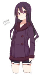 Rule 34 | 1girl, black shorts, blush, closed mouth, cowboy shot, cropped legs, dated, hair between eyes, jacket, long hair, long sleeves, looking at viewer, maze (gochama ze gohan), original, purple eyes, purple hair, purple jacket, short shorts, shorts, signature, simple background, sketch, solo, very long hair, white background