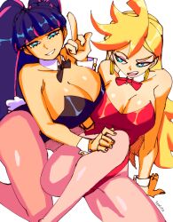 Rule 34 | 2girls, 3amsoda, blonde hair, blue eyes, blue hair, bow, bowtie, breasts, cleavage, eyeshadow, highres, large breasts, leotard, long hair, looking at another, looking at viewer, makeup, multiple girls, open mouth, panty &amp; stocking with garterbelt, panty (psg), pink eyeshadow, playboy bunny, pointing, pointing up, signature, simple background, smile, stocking (psg), white background