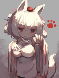 Rule 34 | 1girl, absurdres, animal ears, chii (tsumami tsumamare), detached sleeves, grey background, hat, highres, inubashiri momiji, looking at viewer, paw print, pom pom (clothes), red eyes, red headwear, ribbon-trimmed sleeves, ribbon trim, shirt, short hair, tail, tokin hat, touhou, upper body, white hair, white shirt, wide sleeves, wolf ears, wolf tail