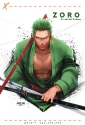 Rule 34 | 1boy, 2019, artist name, character name, commentary, earrings, english commentary, english text, green hair, holding, holding sword, holding weapon, jewelry, johnny azad, katana, looking at viewer, male focus, one eye closed, one piece, open clothes, roronoa zoro, scar, scar across eye, scar on chest, scar on face, short hair, single earring, smile, solo, sword, teeth, weapon