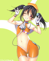 Rule 34 | 10s, 1girl, \m/, ascot, black hair, blush, capelet, contrapposto, cowboy shot, dated, double \m/, earbuds, earphones, flat chest, grin, hair ornament, hat, highres, love live!, love live! school idol project, midriff, navel, nico nico nii, one eye closed, otome shiki ren&#039;ai juku, pink eyes, short hair, smile, solo, song name, standing, thigh gap, yazawa nico, yu-ta