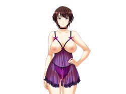 Rule 34 | 1girl, asakura sakura, babydoll, blush, breastless clothes, breasts, brown hair, censored, choker, crotchless, crotchless panties, female focus, game cg, hand on own hip, large breasts, legs, lingerie, looking at viewer, mole, nipples, oba ana: overhaul, panties, pink eyes, sanada chihiro, short hair, simple background, smile, solo, standing, thighs, underwear, white background