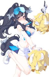 Rule 34 | 1girl, animal ears, arm tattoo, black hair, blue archive, blunt bangs, blush, bracelet, breasts, cleavage, commentary request, detached collar, dog ears, dog girl, extra ears, eyewear on head, fingerless gloves, gloves, grey eyes, hibiki (blue archive), hibiki (cheer squad) (blue archive), highres, holding, holding pom poms, jewelry, large breasts, long hair, looking at viewer, medium breasts, millennium cheerleader outfit (blue archive), navel, pichipeek, pleated skirt, pom pom (cheerleading), pom poms, ponytail, shoes, sidelocks, simple background, single glove, skirt, sneakers, solo, standing, standing on one leg, stomach, sunglasses, tattoo, wavy mouth, white background, white gloves
