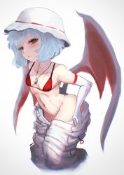 Rule 34 | 1girl, absurdres, ass, bare shoulders, bat wings, bikini, blue hair, blush, breasts, collarbone, commentary request, cropped legs, dress, elbow gloves, feet out of frame, foxxarius, gloves, hair between eyes, hat, highres, jewelry, leaning forward, light blue hair, looking at viewer, mob cap, mole, mole on breast, navel, necklace, parted lips, red bikini, red eyes, remilia scarlet, short hair, simple background, slit pupils, small breasts, solo, swimsuit, touhou, undressing, white background, white dress, white gloves, white hat, wings