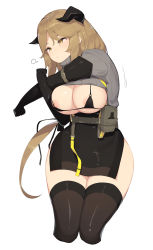 Rule 34 | 1girl, :t, areola slip, arknights, black gloves, black thighhighs, breasts, brown eyes, brown hair, clothes lift, commentary, cropped legs, elbow gloves, english commentary, gloves, hair ribbon, highres, horns, large breasts, long hair, low-tied long hair, meteorite (arknights), nipple slip, nipples, o-ring, o-ring top, pelvic curtain, pepper0, ribbed sweater, ribbon, sidelocks, simple background, skirt, solo, stretching, sweater, sweater lift, thighhighs, underbust, very long hair, white background, wide hips
