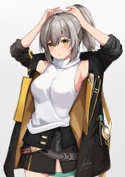 Rule 34 | 1girl, absurdres, alternate hairstyle, aoikito lavender086, armpits, arms up, bare shoulders, black jacket, black skirt, breasts, commentary request, cowboy shot, grey background, grey hair, highres, honkai: star rail, honkai (series), jacket, large breasts, long hair, looking at viewer, miniskirt, off shoulder, open clothes, open jacket, ponytail, shirt, sidelocks, simple background, skirt, sleeveless, sleeveless shirt, solo, standing, stelle (honkai: star rail), trailblazer (honkai: star rail), white shirt, yellow eyes
