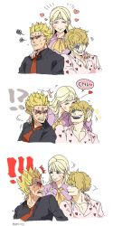 Rule 34 | 1girl, 2boys, artist request, black shirt, blonde hair, brothers, collared shirt, comic, donquixote&#039;s mother (one piece), donquixote doflamingo, donquixote rocinante, family, glasses, hat, heart, heart print, kiss, mother and son, multiple boys, necktie, one piece, shirt, siblings, smile, source request, sunglasses, time paradox, upper body, white background