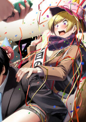 Rule 34 | 1boy, 3girls, absurdres, bag, birthday, birthday sash, black hair, black jacket, black skirt, blonde hair, blue headwear, blue necktie, blurry, blurry background, blurry foreground, blush, brown jacket, bucket hat, bunting, carrying, carrying person, ceiling, celebration, closed eyes, commentary, confetti, constricted pupils, depth of field, earclip, fang, formal, from below, furrowed brow, hand up, hands on another&#039;s shoulders, happy birthday, hat, head out of frame, highres, holding, idolmaster, idolmaster shiny colors, jacket, komiya kaho, multiple girls, nail polish, necktie, open clothes, open jacket, open mouth, party, party hat, party popper, piggyback, pink headwear, pleated skirt, pov, pov hands, producer (idolmaster), purple eyes, purple scarf, red hair, red nails, saijo juri, sash, scarf, school bag, school uniform, short hair, shouting, skirt, solo focus, streamers, suit, suit jacket, surprised, sweatdrop, sweater, swept bangs, tera2001, translated, very short hair, white sweater