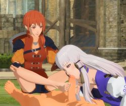 Rule 34 | 1boy, 2girls, 3d, barefoot, clothed female nude male, feet, fellatio, fire emblem, fire emblem: three houses, footjob, hair ornament, highres, leonie pinelli, lysithea von ordelia, matching hair/eyes, mikey obscurest, multiple girls, nintendo, nude, oral, orange eyes, orange hair, penis, red eyes, uncensored, white hair